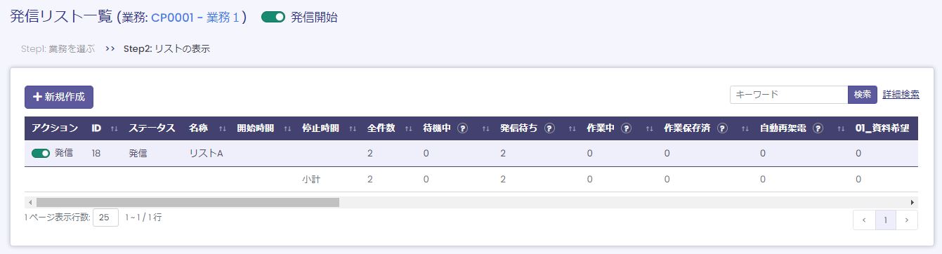 発信リスト一覧画面の表示例