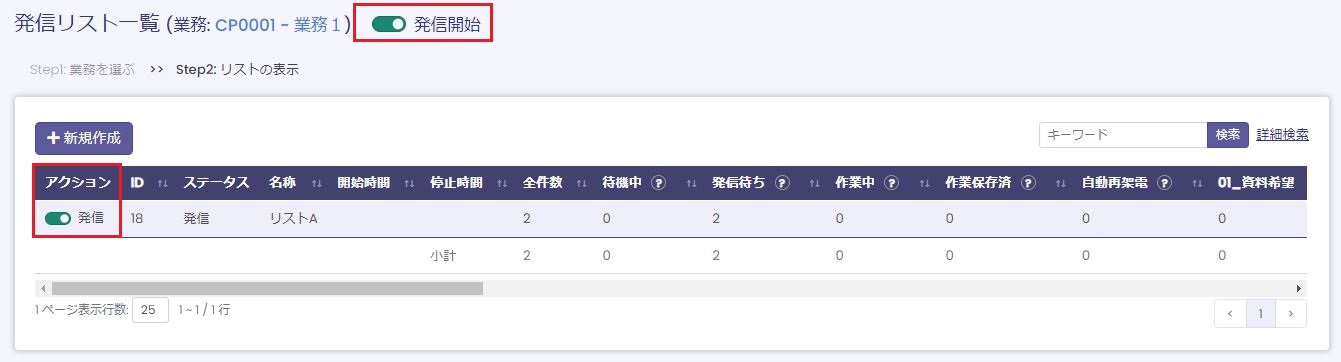 発信リスト一覧での発信管理機能を示す画像