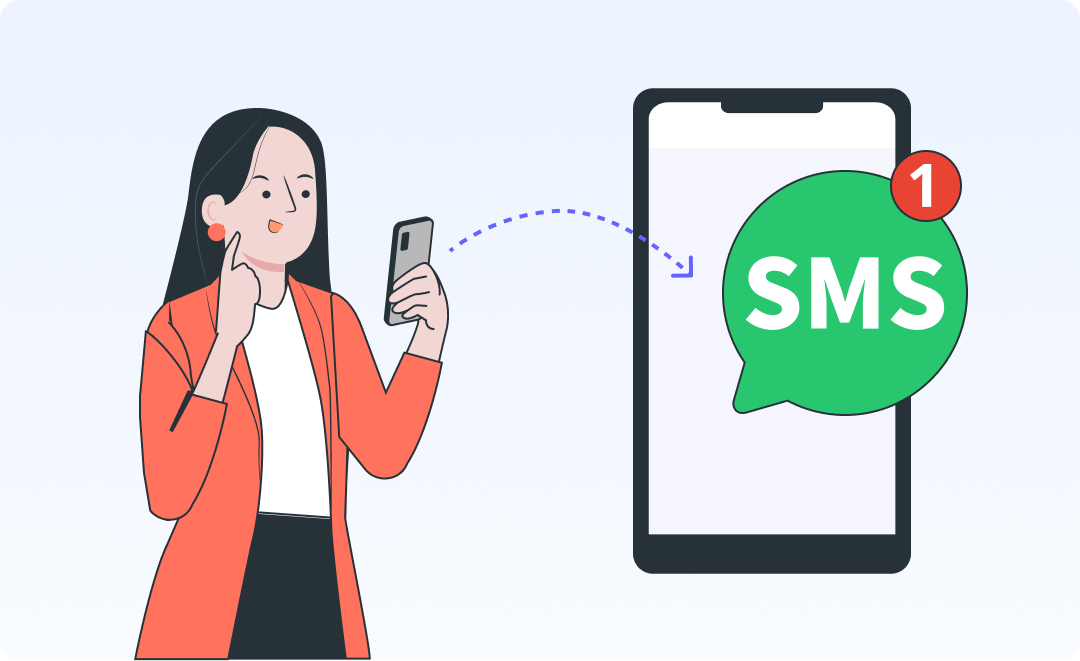 BlueBean SMSを使用してお客様にSMS発信を行い、その内容をお客様が確認しているイラスト。