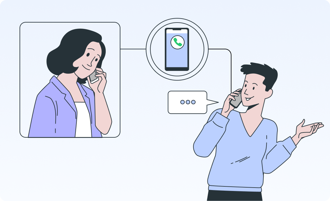 BlueBean Mobileをいれることにより、スマホを内線として活用して離れた場所でもオフィスにいる時と同様に話しているイラスト。