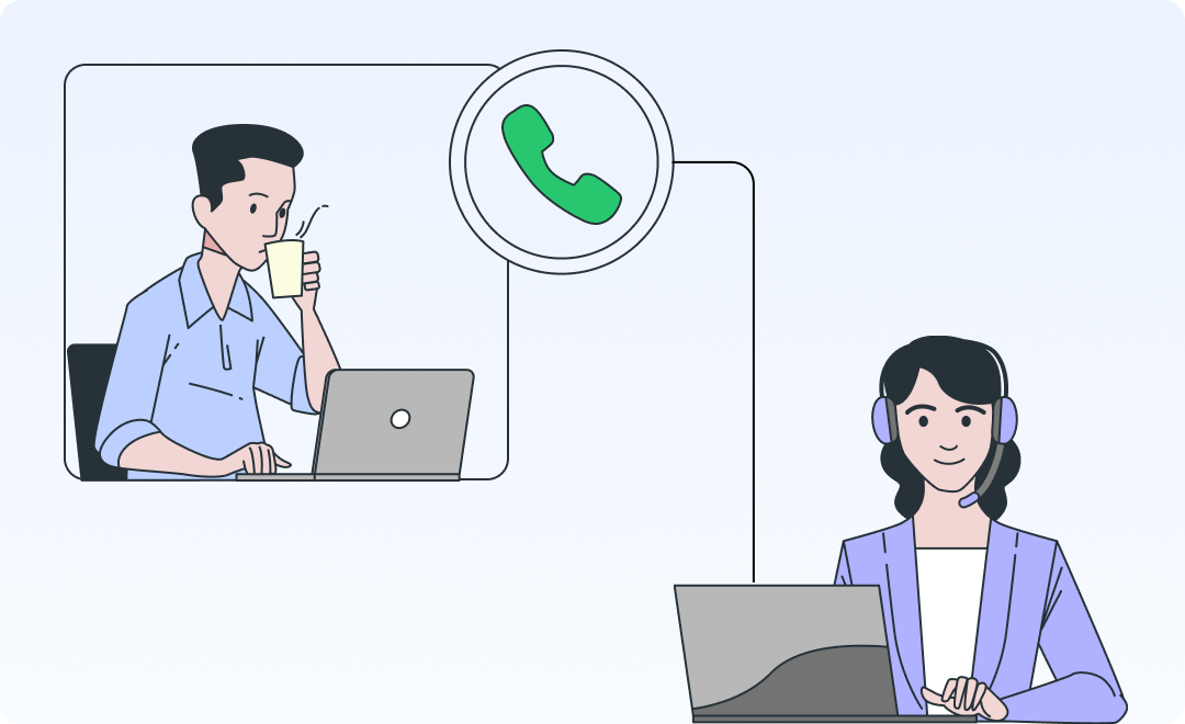 BlueBeanによる内線通話を行い、お互いに離れた場所であっても内線できるさまを示したイラスト。