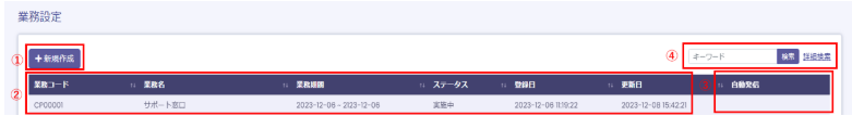 業務設定リストのスクリーンショット