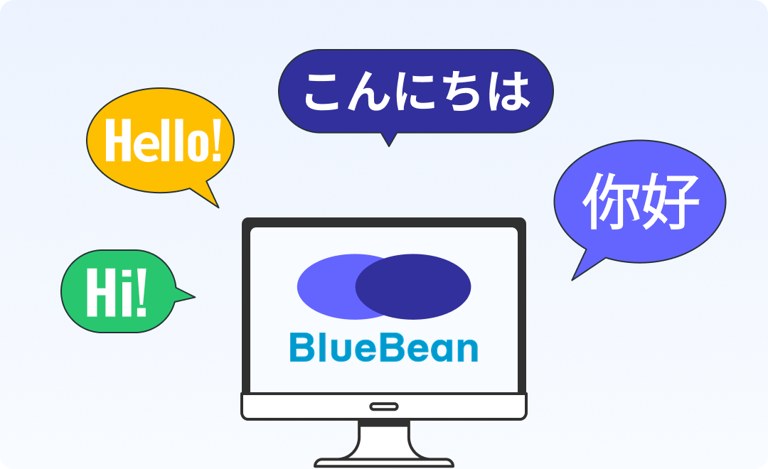 BlueBeanの多言語表示により、英語・中国語・日本語で表示できる旨を示したイラスト。