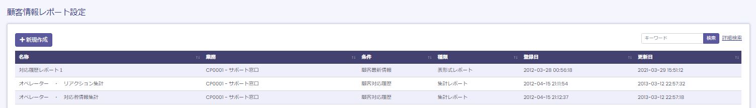 顧客情報レポート設定一覧画面